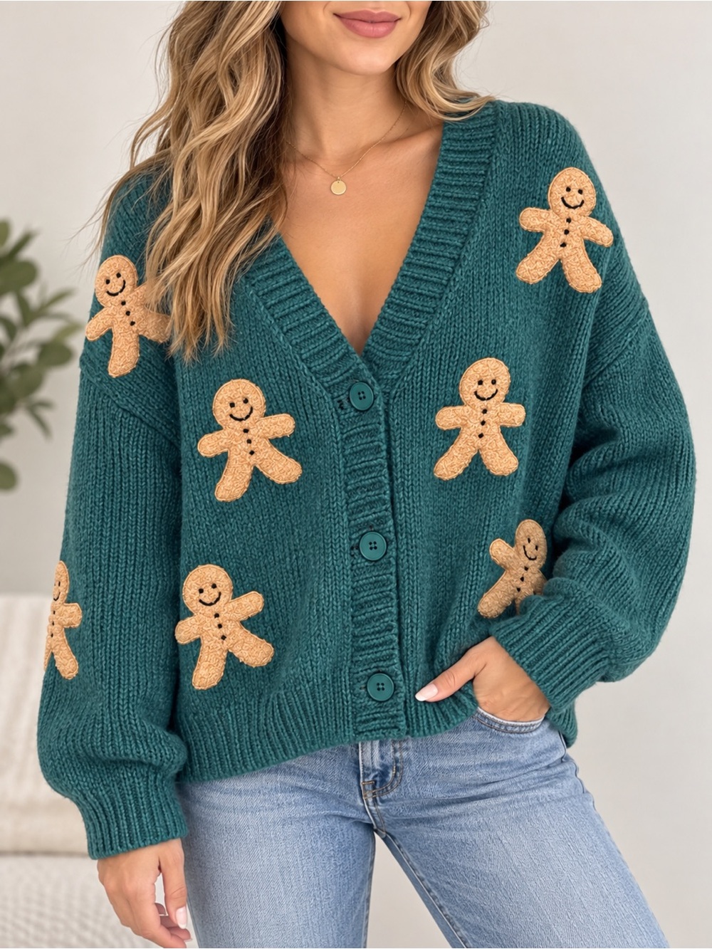 Plush Gingerbread Applique Button Cardigan - Teal